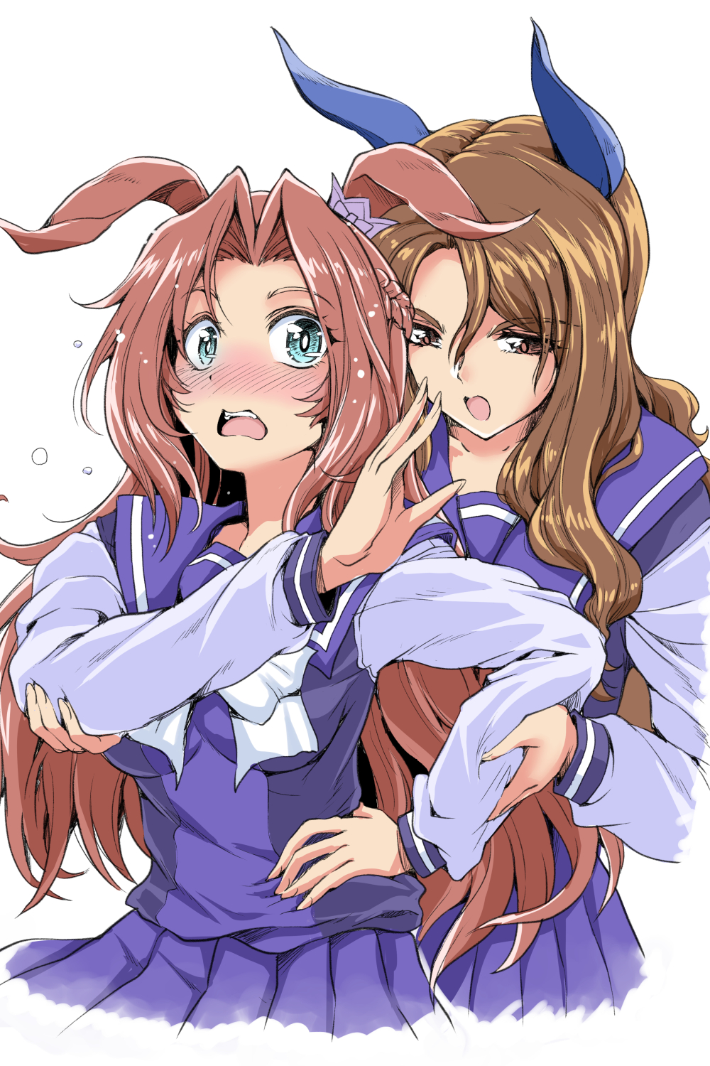 1990s_(style) 2girls blush bow breasts bright_pupils brown_hair chiaki_tarou collarbone ear_covers hand_on_another's_arm hand_on_own_hip highres horse_girl kawakami_princess_(umamusume) king_halo_(umamusume) long_hair looking_at_viewer looking_down medium_breasts multiple_girls ojou-sama_pose open_mouth pleated_skirt purple_shirt purple_skirt retro_artstyle school_uniform shirt skirt surprised tracen_school_uniform umamusume very_long_hair white_background white_bow white_pupils
