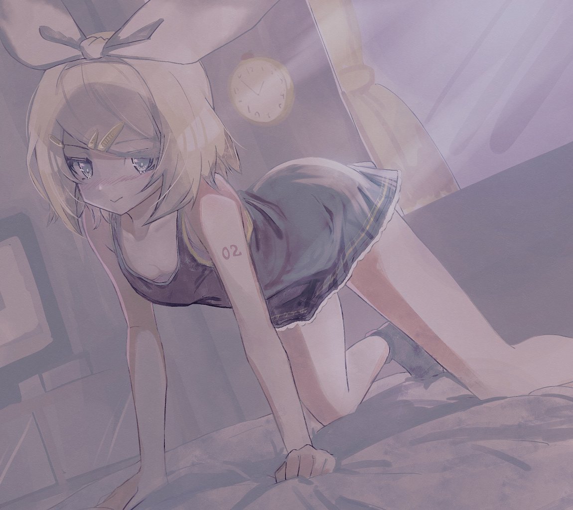 :&gt; all_fours bare_arms bare_legs bare_shoulders black_camisole blonde_hair blush bow breasts camisole cleavage clock curtains dutch_angle flat_chest grey_theme hair_bow hair_ornament hairclip half-closed_eyes haruka_wandahoi head_tilt kagamine_rin looking_at_viewer muted_color number_tattoo on_bed seductive_smile shoulder_tattoo small_breasts smile socks swept_bangs tattoo television vocaloid wall_clock white_bow window