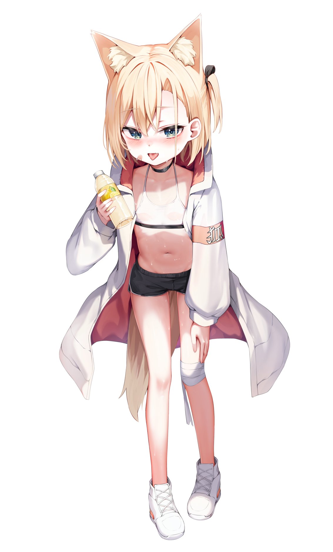 1girl animal_ear_fluff animal_ears bandaged_leg bandages bandaid bandaid_on_face black_ribbon black_shorts blonde_hair blue_eyes bottle commentary_request dolphin_shorts fang flat_chest full_body hair_between_eyes hair_ribbon hand_on_own_leg highres holding holding_bottle jacket leaning_forward leg_grab long_bangs long_sleeves looking_at_viewer mannack midriff navel one_side_up open_clothes open_jacket open_mouth original ribbon shoes short_hair short_shorts shorts simple_background single_bare_leg skin_fang sneakers solo sports_bra sweat tongue tongue_out very_sweaty water_bottle white_background white_footwear white_jacket white_sports_bra