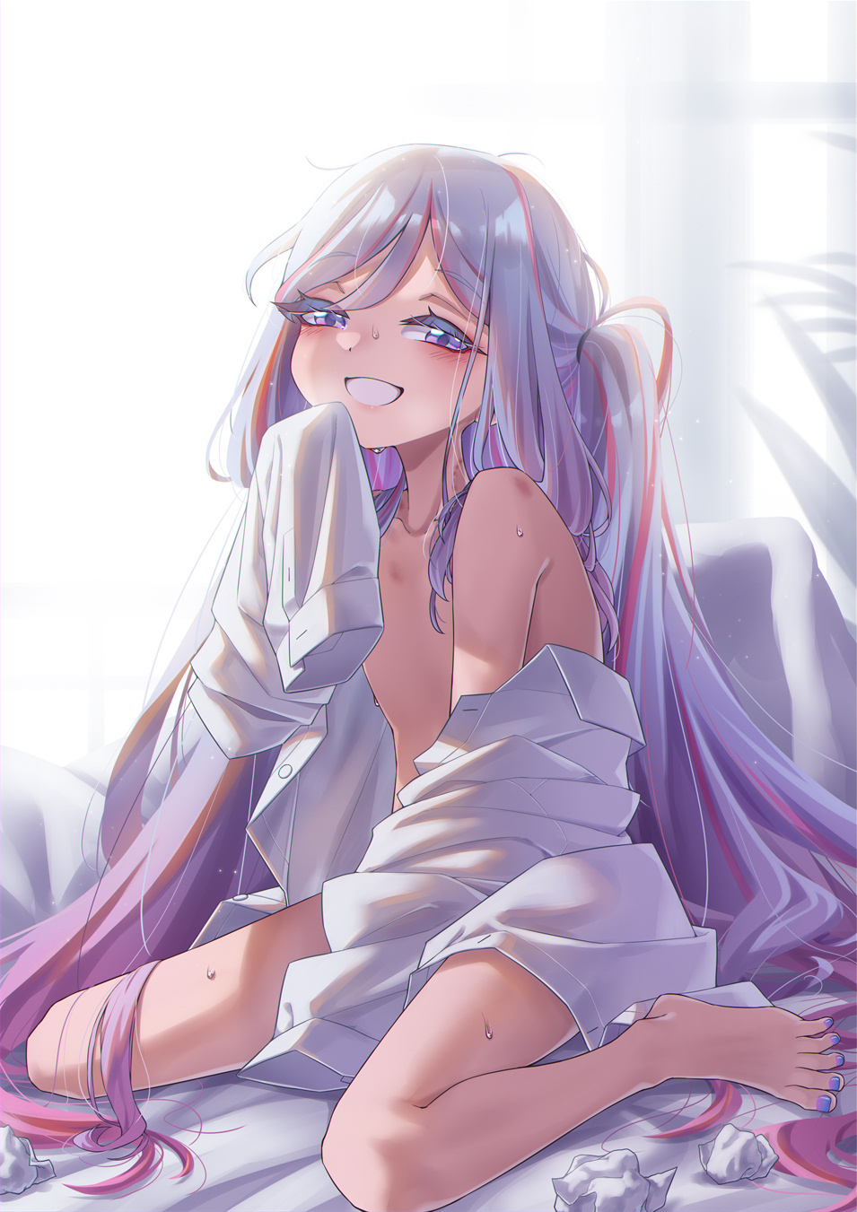 1girl barefoot blue_nails collarbone collared_shirt commentary_request crumpled_paper dress_shirt duel_monster grey_hair grin hair_between_eyes half-closed_eyes hand_up highres long_hair long_sleeves looking_at_viewer multicolored_hair nail_polish naked_shirt open_clothes open_shirt purple_eyes red_hair rilliona_(yu-gi-oh!) shirt shun_no_shun sitting sleeves_past_fingers sleeves_past_wrists smile solo streaked_hair sweat toenail_polish toenails very_long_hair wariza white_shirt witchcrafter_madame_verre yu-gi-oh!