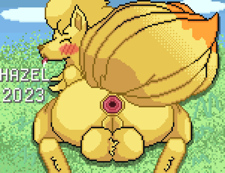 anus backsack balls big_balls big_butt blush bodily_fluids butt canid canine dipstick_tail drooling feral fluffy fox fur gaping gaping_anus generation_1_pokemon genitals girly grass hazelninetales hindpaw male mammal markings multi_tail ninetales nintendo orange_body orange_fur paws plant pokemon pokemon_(species) rear_view saliva sky solo tail tail_markings tongue tongue_out yellow_body yellow_fur