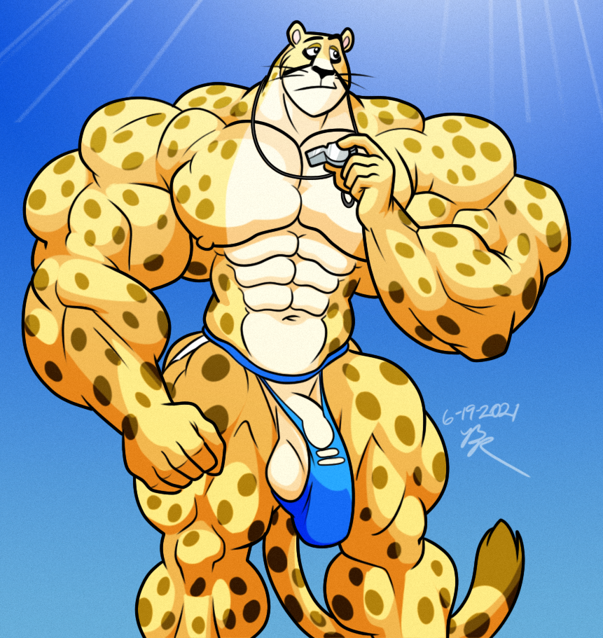 2021 abs anthro cartoon_network cheetah clothing felid feline genitals gepredators jockstrap male mammal mr._cheetah muscular my_gym_partner's_a_monkey penis solo underwear whistle_(object)