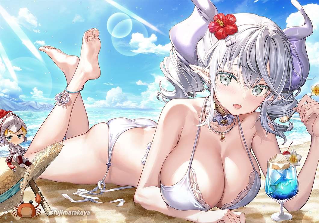 1girl ass bikini breasts chibi cleavage cocktail cocktail_glass crab cup demon_girl demon_horns drinking_glass duel_monster fujima_takuya grey_eyes horns knight_(yu-gi-oh!) large_breasts looking_at_viewer lovely_labrynth_of_the_silver_castle pointy_ears side-tie_bikini_bottom smile swimsuit twintails white_bikini white_hair yu-gi-oh!