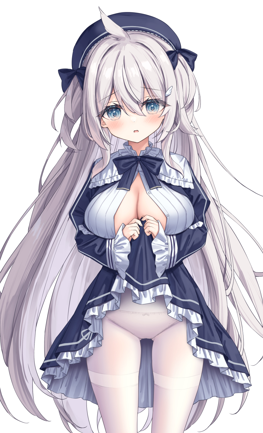 1girl ahoge azur_lane beret black_bow black_dress black_headwear blue_eyes blush bow bow_panties breasts cleavage clothes_lift dress dress_lift frilled_dress frilled_sleeves frills grey_hair hair_between_eyes hair_bow hat highres large_breasts long_sleeves panties panties_under_pantyhose pantyhose parted_lips satsuki_yukimi simple_background solo standing thighband_pantyhose two_side_up umikaze_(azur_lane) underwear white_background white_panties wide_sleeves wing_hair_ornament