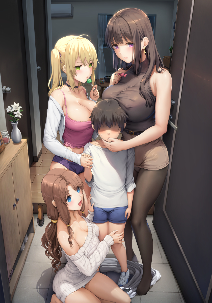 1boy 3girls :d age_difference black_choker black_hair blonde_hair blue_eyes breasts brown_hair brown_skirt camisole candy child choker cleavage closed_mouth covered_nipples door doorway earrings food green_eyes hand_on_another's_chin highres holding holding_candy holding_food holding_hands holding_lollipop indoors jewelry kneeling large_breasts living_room lollipop low_ponytail miniskirt multiple_girls off-shoulder_sweater off_shoulder onee-shota original panties pantyhose pantyshot parted_lips purple_eyes purple_panties sayika side_ponytail skirt smile sweater thighs underwear