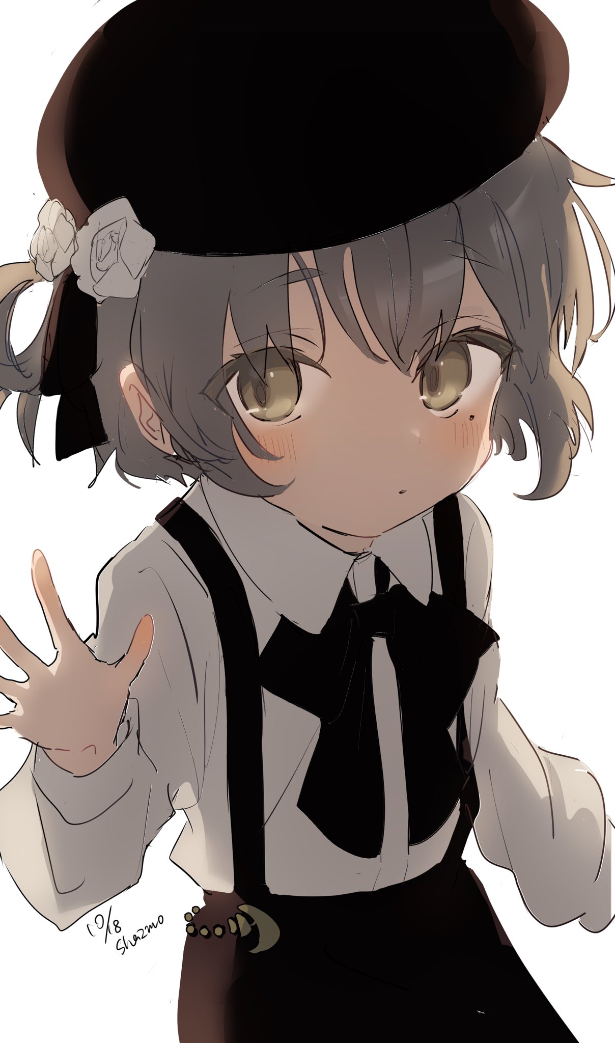 1girl backlighting beret black_headwear black_ribbon black_skirt blush brown_eyes brown_hair collared_shirt dated eyes_visible_through_hair flower hand_up hat hat_flower hat_ribbon hatoba_tsugu highres long_sleeves looking_to_the_side medium_hair mole mole_under_eye neck_ribbon open_hand parted_lips raised_eyebrows ribbon sha2mo shaded_face shadow shirt shirt_tucked_in signature simple_background single_hair_ring skirt solo suspender_skirt suspenders tsugu_(vtuber) white_background white_flower white_shirt