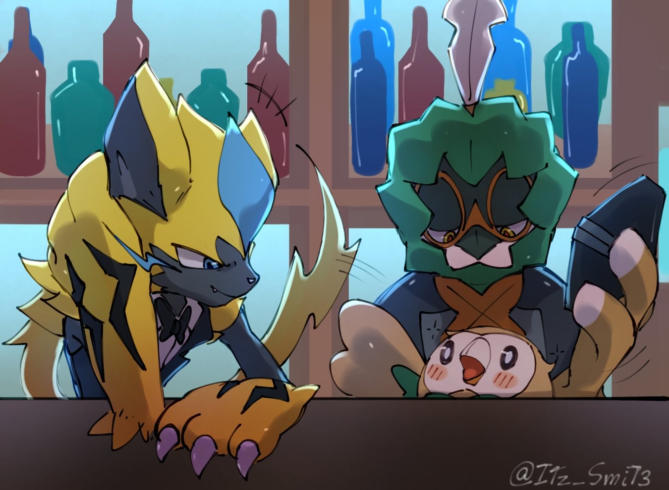 ambiguous_gender anthro bar bottle clothing container decidueye feathers generation_7_pokemon group inside itz_smi73 legendary_pokemon nintendo pokemon pokemon_(species) rowlet smile trio zeraora