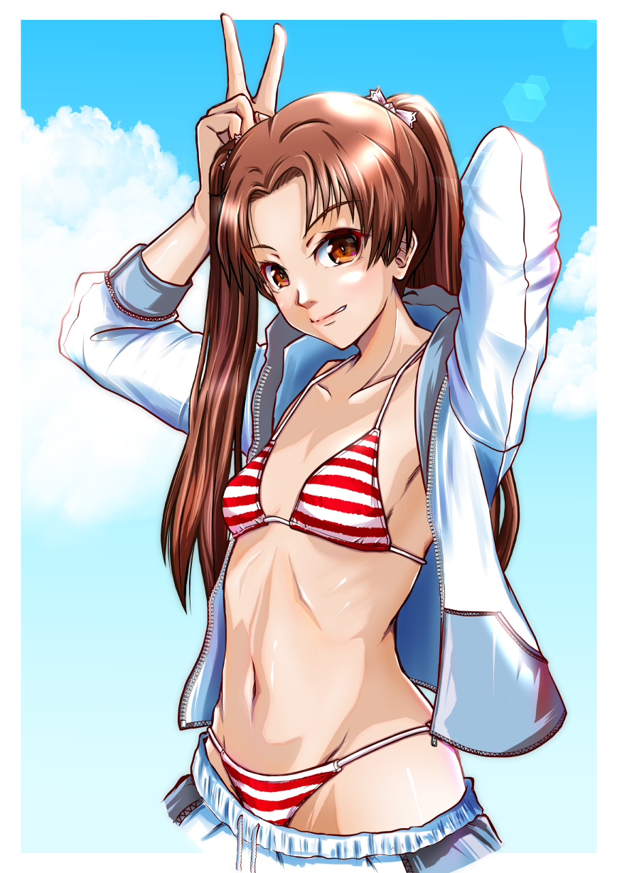 bikini breasts brown_eyes brown_hair cloud cloudy_sky girls_und_panzer hair_ribbon highres jacket kadotani_anzu light_smile long_hair navel nishi_itsumi open_clothes open_jacket pants parted_bangs ribbon sky small_breasts stomach stomach_day striped striped_bikini swimsuit twintails v white_jacket