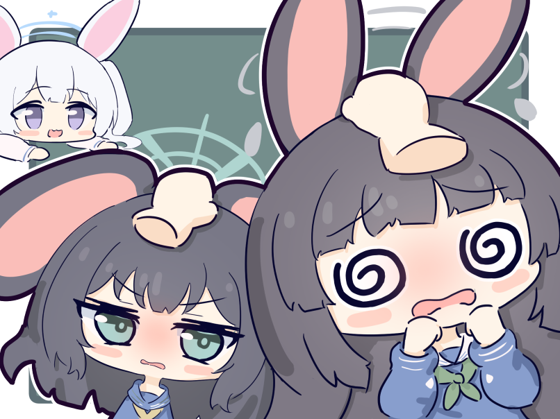 3girls @_@ animal_ears aqua_eyes black_hair blue_archive blue_shirt chibi commentary disembodied_limb green_neckerchief grey_halo halo hand_on_another's_head hands_up headpat long_hair long_sleeves looking_at_viewer miyako_(blue_archive) miyu_(blue_archive) multiple_girls neckerchief no_nose open_mouth purple_eyes rabbit_ears raised_eyebrows sailor_collar saki_(blue_archive) shirt side_ponytail umihio upper_body white_sailor_collar