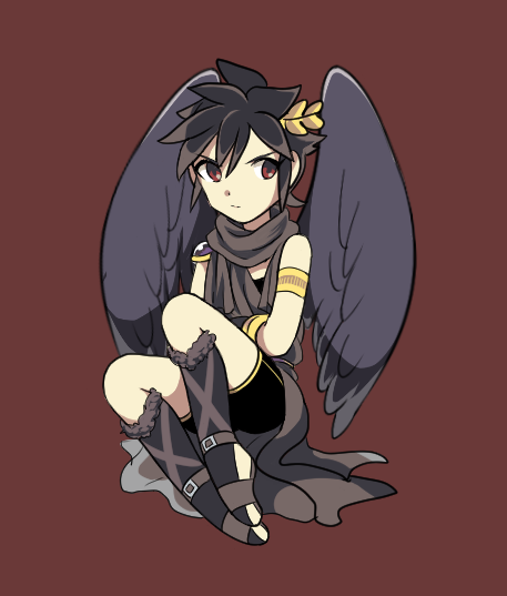 1boy angel angel_wings armlet black_hair black_scarf brown_background commentary_request dark_pit full_body kid_icarus kid_icarus_uprising laiku_n laurel_crown looking_to_the_side male_focus red_eyes scarf solo v-shaped_eyebrows wings