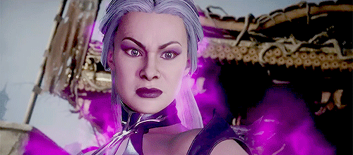 1girl animated animated_gif asymmetrical_clothes aura bare_shoulders breasts center_opening cleavage detached_sleeves eyeshadow large_breasts long_hair looking_back lowres makeup mortal_kombat_(series) mortal_kombat_11 purple_eyes purple_eyeshadow purple_lips revealing_clothes roderickstrongs screaming sindel solo temple upper_body video_game white_hair