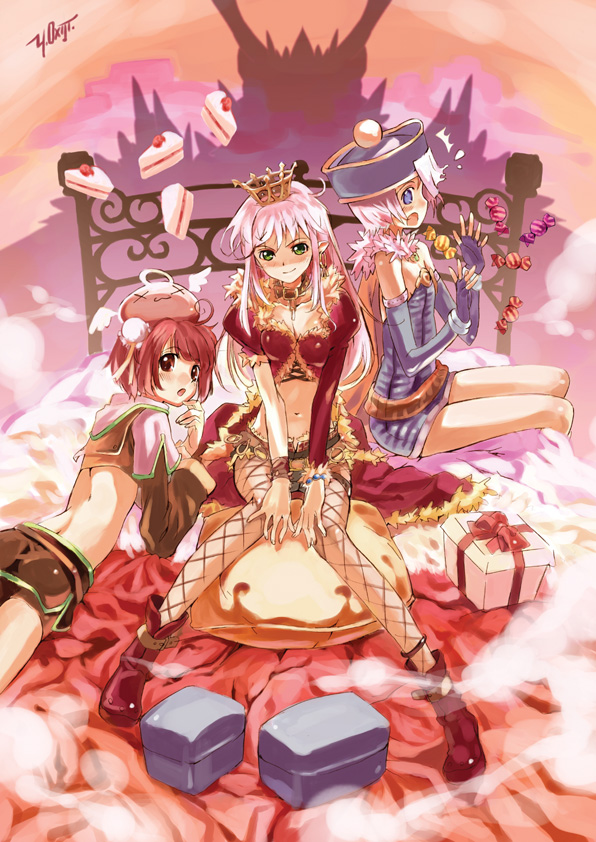 :3 alchemist_(ragnarok_online) angeling back blue_eyes boots box breasts brown_cape brown_eyes brown_footwear brown_hair brown_shirt brown_shorts brown_skirt bun_cover cake cake_slice cape cleavage closed_mouth commentary_request crop_top crown double_bun dress elbow_gloves fingerless_gloves fishnet_pantyhose fishnets food full_body fur-trimmed_jacket fur_collar fur_trim gift gift_box gloves green_eyes grey_dress grey_gloves hair_between_eyes hair_bun halo hat hunter_(ragnarok_online) jacket long_hair looking_at_viewer medium_bangs medium_breasts miniskirt navel okishiji_en open_mouth pantyhose pink_hair pointy_ears qing_guanmao ragnarok_online red_jacket rogue_(ragnarok_online) shirt short_dress short_hair short_shorts shorts shorts_under_skirt sitting skirt slime_(creature) small_breasts smile strapless strapless_dress wrapped_candy