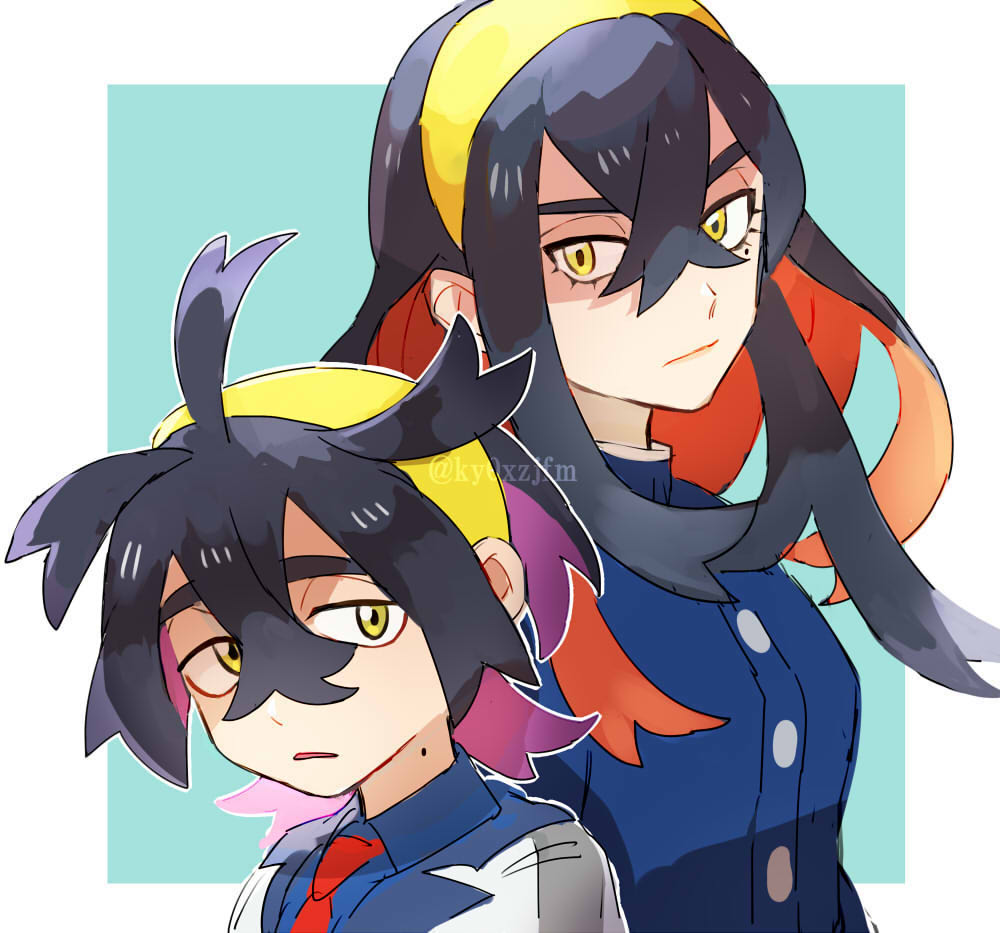 1boy 1girl ahoge black_hair blue_jacket blue_shirt brother_and_sister buttons carmine_(pokemon) closed_mouth collared_shirt colored_inner_hair commentary_request crossed_bangs eyelashes hair_between_eyes hairband jacket kieran_(pokemon) kizami_(hetaisi) long_hair looking_at_viewer mole mole_on_neck multicolored_hair pokemon pokemon_(game) pokemon_sv shirt siblings upper_body white_jacket yellow_eyes yellow_hairband