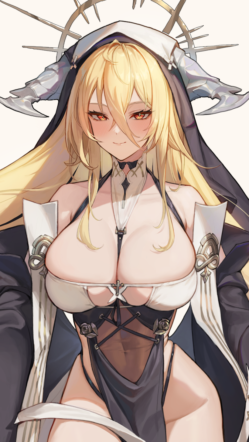 1girl azur_lane between_breasts blonde_hair blush breast_cutout breasts covered_navel f.k_(hs225kr) fake_horns habit hair_between_eyes halo highres horns huge_breasts implacable_(azur_lane) large_breasts long_bangs looking_at_viewer nun orange_eyes pelvic_curtain revealing_clothes shirt_slip smile two-tone_dress veil white_horns