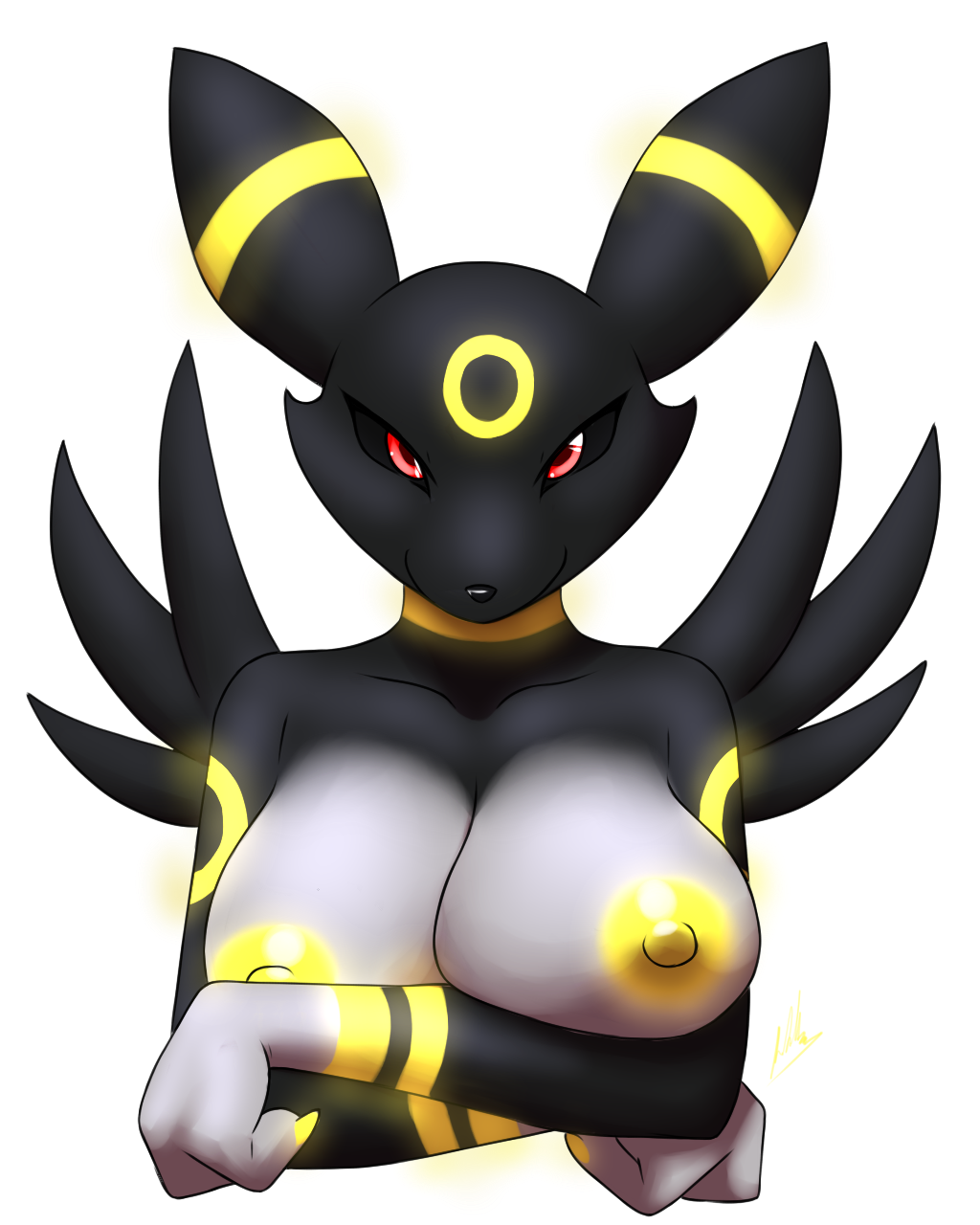 anthro areola bandai_namco big_breasts black_body breasts canid canine digimon digimon_(species) eeveelution female furball generation_2_pokemon hi_res hybrid looking_at_viewer mammal nintendo nipples nude pokemon pokemon_(species) renamon smile solo umbreon