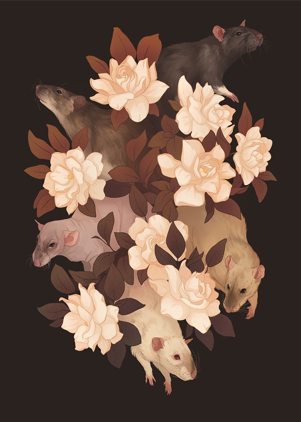 5others animal animal_ears animal_focus bald black_eyes commission dark_background flower highres leaf mouse mouse_ears mouse_tail multiple_others no_humans norapotwora original procreate_(medium) red_eyes simple_background smelling tail whiskers white_flower