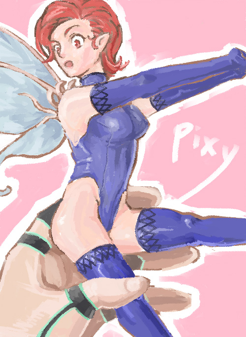 armwear atlus blue_clothing blue_gloves blue_handwear blue_legwear blue_leotard blue_thigh_highs breasts clothing demi-fiend duo elbow_gloves fairy female gloves hair handwear human humanoid humanoid_pointy_ears insect_wings legwear leotard male mammal megami_tensei micro open_mouth pink_background pixie pixie_(megami_tensei) red_eyes red_hair sega simple_background text thick_thighs thigh_highs wan-o_(artist) wide_hips winged_humanoid wings