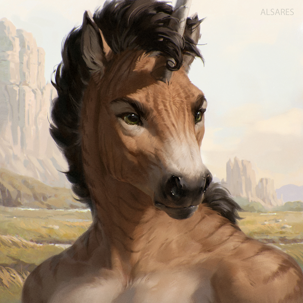 2023 alsares anthro brown_body brown_fur brown_hair day detailed_background digital_media_(artwork) equid equine eyebrows eyelashes fur hair horn mammal outside sky solo unicorn