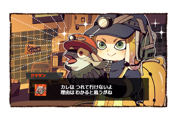 1girl black_gloves black_shirt blonde_hair blue_headwear blush border cable chair character_request check_character closed_mouth commentary_request creature gloves green_eyes green_headphones green_shirt hat headless headset holding holding_creature innertube long_sleeves octoling open_mouth orange_headwear potsupo rope salmon_run_(splatoon) salmonid shirt short_hair smallfry_(splatoon) smile sparkling_eyes splatoon_(series) splatoon_3 sunset tentacle_hair tile_floor tiles translation_request turtleneck upper_body v-shaped_eyebrows vest white_border yellow_vest