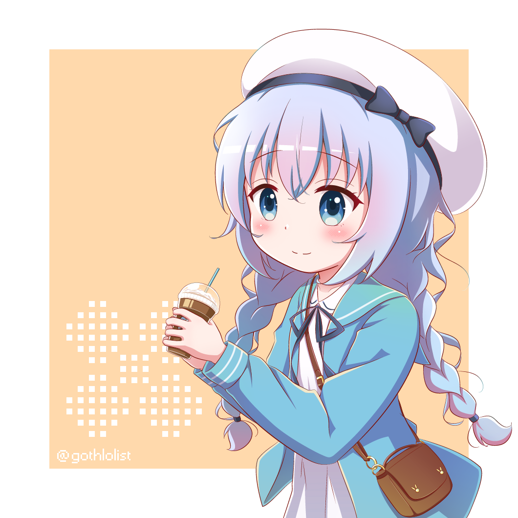 1girl bag beret black_bow black_ribbon blue_eyes blue_hair blue_jacket blush bow braid brown_background closed_mouth collared_dress commentary_request cup disposable_cup dress drinking_straw gochuumon_wa_usagi_desu_ka? goth_risuto hair_between_eyes hat hat_bow holding holding_cup jacket kafuu_chino long_hair low_twintails neck_ribbon open_clothes open_jacket revision ribbon shoulder_bag smile solo twin_braids twintails twitter_username two-tone_background very_long_hair white_background white_dress white_headwear