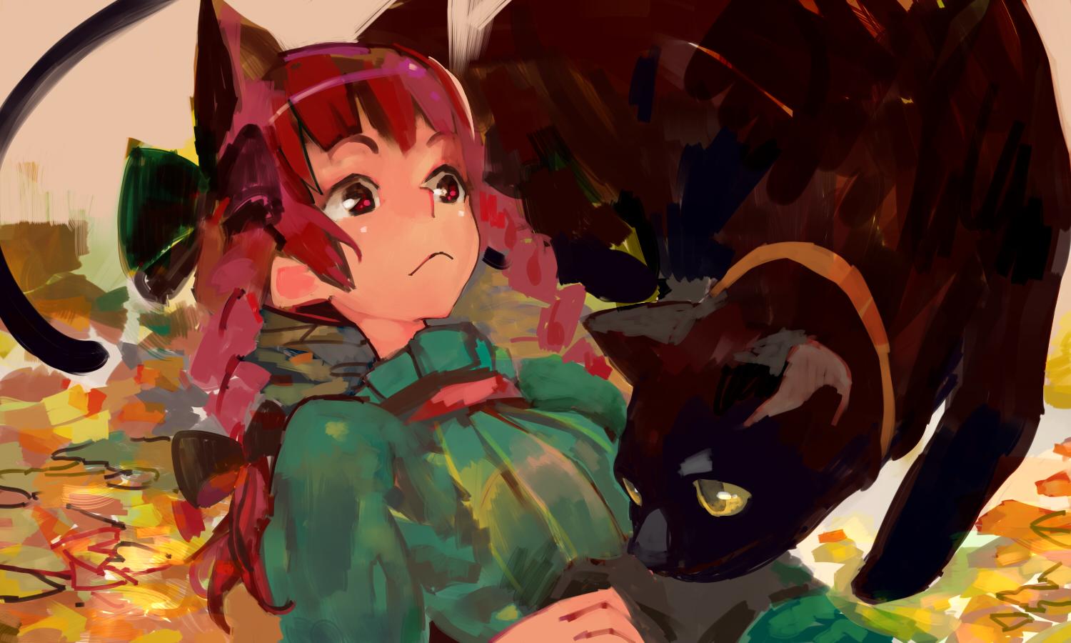 1girl animal_ears black_bow black_cat bow braid brush_stroke cat cat_ears closed_mouth collar commentary_request dress extra_ears flat_chest green_dress hair_bow hair_ribbon kaenbyou_rin long_hair long_sleeves looking_at_animal lying on_back onion_(onion_and_pi-natto) puffy_long_sleeves puffy_sleeves red_eyes red_hair ribbon solo touhou tress_ribbon twin_braids upper_body