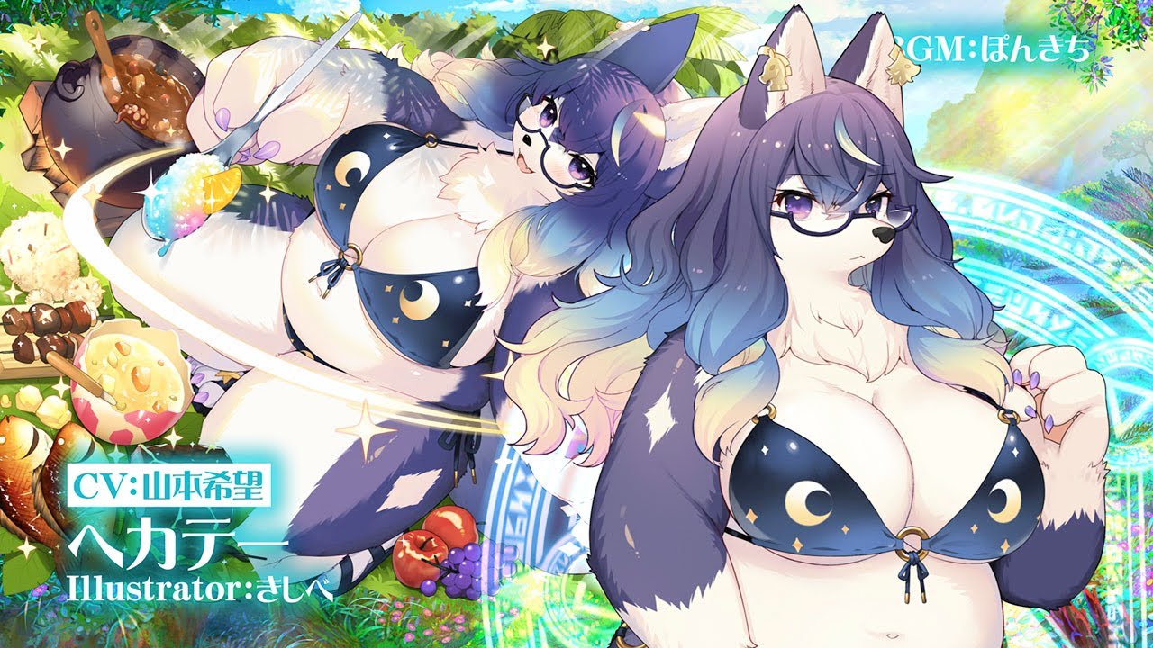 alternate_version_at_source anthro apple belly big_breasts bikini breasts canid canine canis cauldron chest_tuft claws cleavage clothed clothing crouching curvy_figure cutlery dessert diamond_(marking) domestic_dog ear_piercing eyewear female fire fish_meat food footwear fruit fur glasses grape grass hair hekate_(tas) high-angle_view japanese_text kemono kishibe kitchen_utensils lifewonders looking_at_viewer mammal markings meat multicolored_body multicolored_fur offering_to_viewer official_art open_mouth open_smile outside paws piercing plant purple_body purple_eyes purple_fur purple_hair rice sandals shaved_ice skewer slightly_chubby smile solo soup spoon stew summer swimwear text thick_thighs tokyo_afterschool_summoners tools tuft two_tone_body two_tone_fur voluptuous white_body white_fur