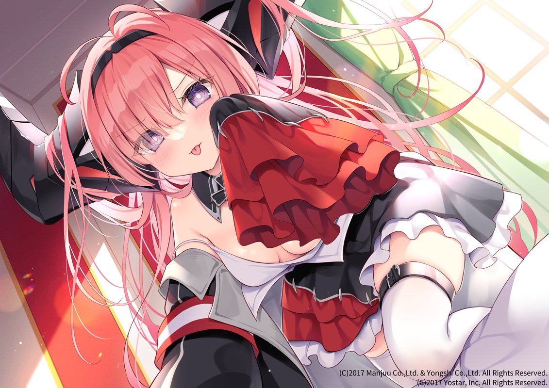 1girl azur_lane breasts cleavage closed_mouth curtains detached_collar detached_sleeves dress floating_hair frilled_dress frilled_sleeves frills hair_between_eyes hair_over_one_eye hand_up horns indoors long_hair long_sleeves looking_at_viewer official_art pink_hair prinz_rupprecht_(azur_lane) purple_eyes shikitani_asuka solo thigh_strap thighhighs tongue tongue_out white_thighhighs wide_sleeves zettai_ryouiki