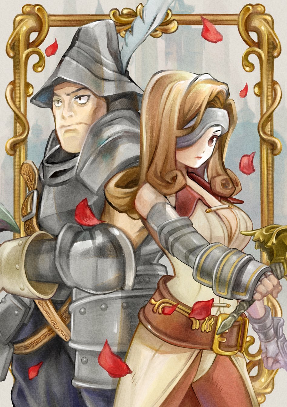 1boy 1girl adelbert_steiner armor beatrix_(ff9) belt belt_buckle breasts brown_belt brown_eyes brown_hair brown_pants buckle cleavage closed_mouth collared_shirt commentary_request cowboy_shot curly_hair dress eyepatch falling_petals final_fantasy final_fantasy_ix fingerless_gloves gauntlets gloves helmet highres holding holding_sword holding_weapon large_breasts long_hair looking_to_the_side one_eye_covered pants petals plate_armor quichi_91 shirt shoulder_armor sleeveless sleeveless_dress standing sword weapon