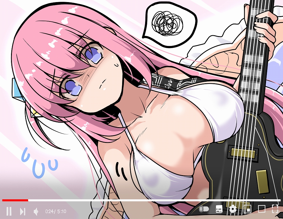 1girl bikini blue_eyes bocchi_the_rock! breasts collarbone covered_nipples cube_hair_ornament electric_guitar gibson_les_paul gotou_hitori guitar hair_between_eyes hair_ornament holding holding_instrument instrument large_breasts long_hair looking_at_viewer music one_side_up pink_hair playing_instrument solo spoken_squiggle squiggle swimsuit tsuzuri_(tuzuri) white_bikini