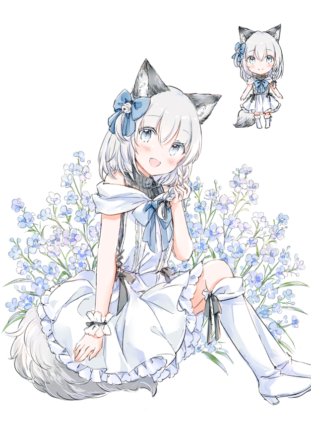 1girl :d animal_ear_fluff animal_ears bare_shoulders bell black_shirt blue_bow blue_eyes blue_flower blush boots bow braid closed_mouth commentary_request dress flower grey_hair hair_bell hair_between_eyes hair_bow hair_ornament hand_up high_heel_boots high_heels jingle_bell knee_boots looking_at_viewer multiple_views one_side_up original ribbed_shirt shirt simple_background single_braid sitting smile standing tail turtleneck wataame27 white_background white_dress white_footwear wrist_cuffs