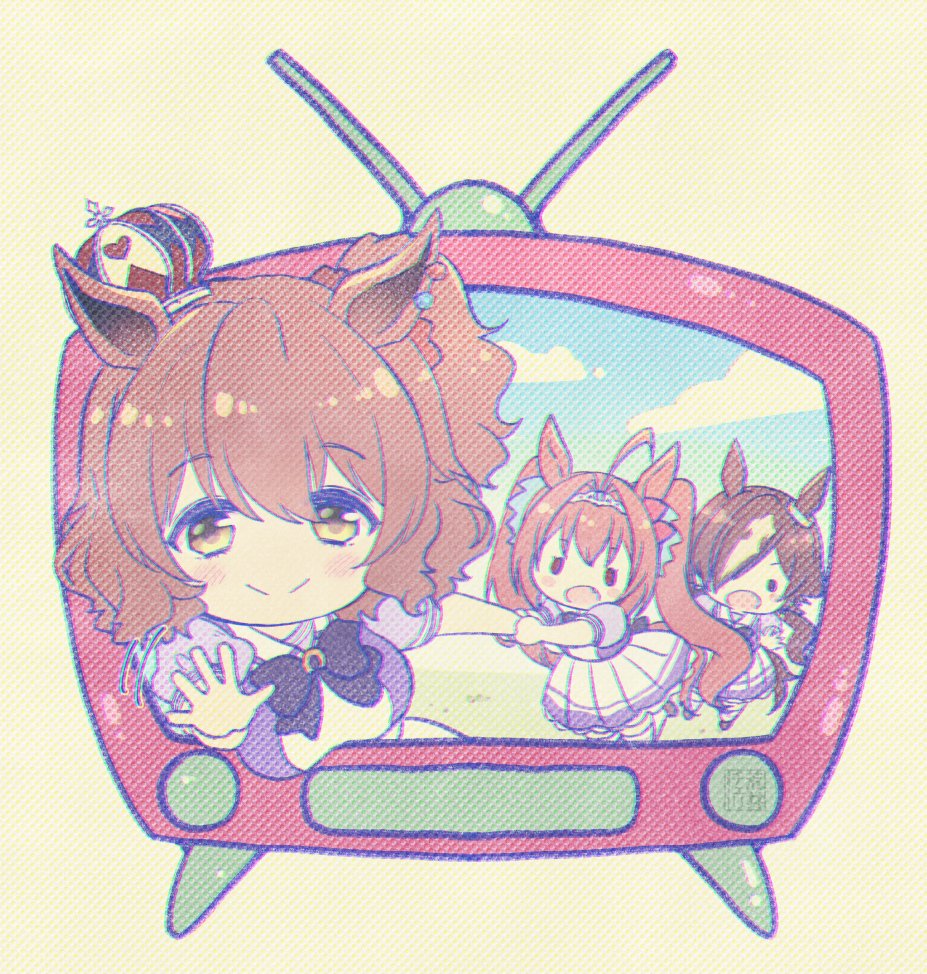 3girls ahoge animal_ears arai_cherry aston_machan_(umamusume) blush_stickers bow bowtie breasts brown_hair chibi chromatic_aberration closed_mouth crown daiwa_scarlet_(umamusume) hair_over_one_eye horse_ears large_breasts long_hair motion_lines multiple_girls one_side_up open_mouth purple_shirt reaching_towards_viewer school_uniform seal_impression shirt skirt smile solid_circle_eyes television thighhighs through_screen tracen_school_uniform twintails umamusume vodka_(umamusume) watermark waving white_skirt yellow_eyes