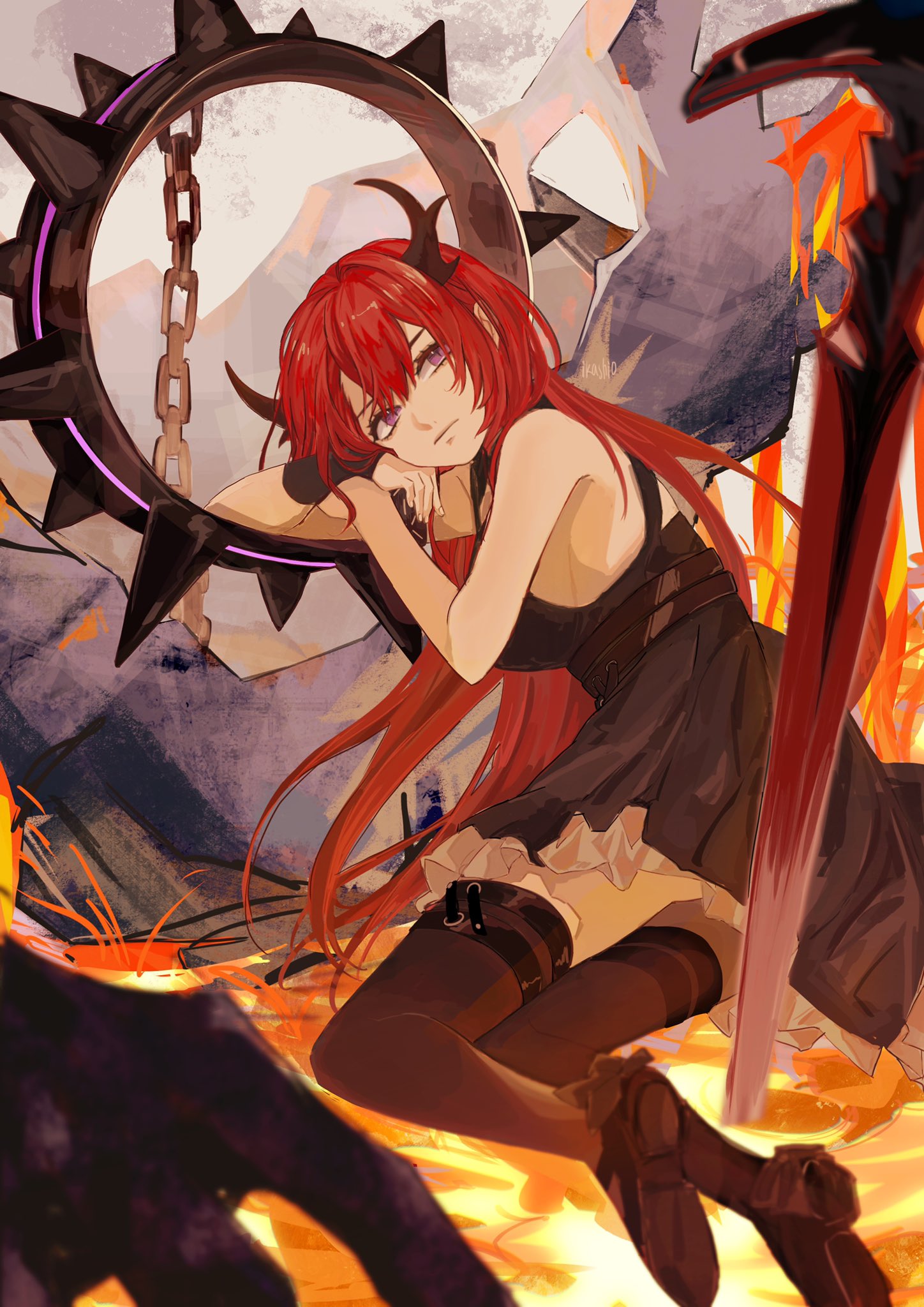 1girl arknights arm_support black_dress black_thighhighs commentary demon_girl demon_horns dress fire frown highres horns k-yosinori long_hair looking_at_viewer lying molten_rock on_side red_hair sidelocks sitting solo spaghetti_strap surtr's_golem_(arknights) surtr_(arknights) sword thigh_strap thighhighs weapon wrist_guards yokozuwari