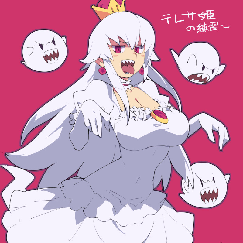 1girl boo_(mario) breasts cleavage commentary_request crown dress earrings gloves jewelry looking_at_viewer mario_(series) metata new_super_mario_bros._u_deluxe open_mouth peachyboo red_background red_eyes sharp_teeth simple_background solo teeth tongue tongue_out translation_request upper_teeth_only white_dress white_gloves white_hair