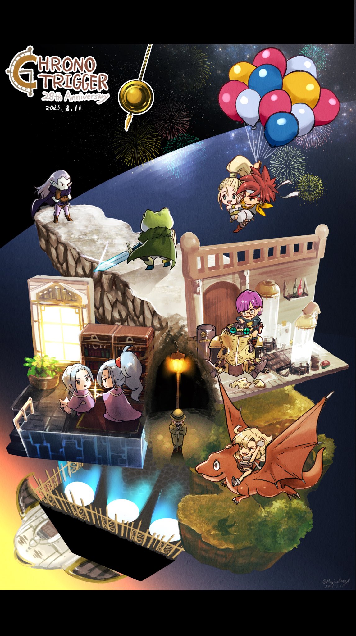 4girls 5boys alfador ayla_(chrono_trigger) blonde_hair chibi chrono_trigger commentary crono_(chrono_trigger) dinosaur epoch frog_(chrono_trigger) glasses headband highres jewelry komugiko_no_mori letterboxed long_hair lucca_ashtear magus_(chrono_trigger) marle_(chrono_trigger) melchior_(chrono_trigger) multiple_boys multiple_girls open_mouth ponytail purple_hair red_hair robo_(chrono_trigger) robot schala_zeal short_hair smile spiked_hair sword symbol-only_commentary weapon