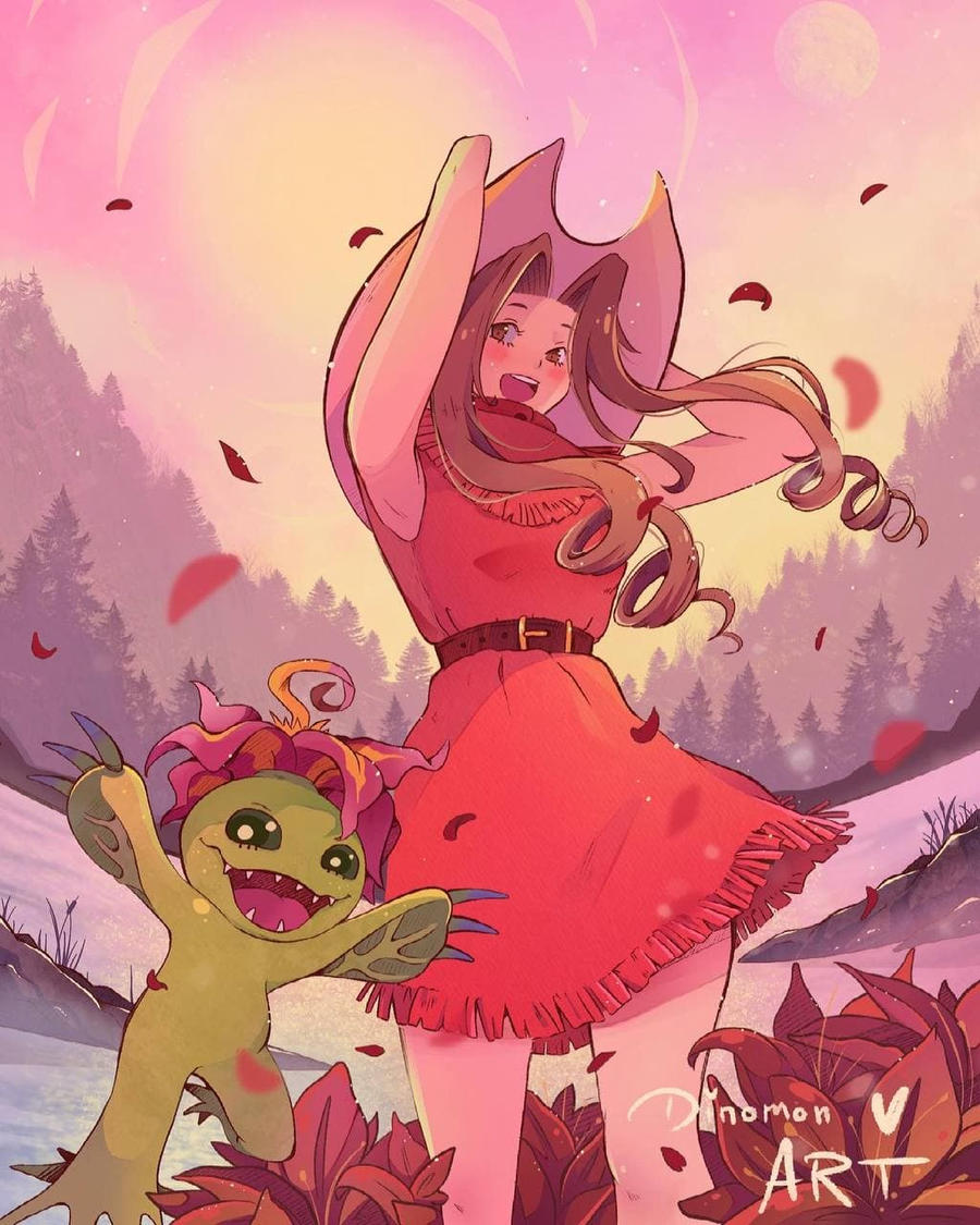 1girl 1other arms_up artist_name belt brown_belt brown_eyes brown_hair digimon digimon_(creature) dinomonart dress hat long_hair looking_at_viewer open_mouth outdoors palmon plant plant_monster red_dress sunset tachikawa_mimi teeth tree upper_teeth_only watermark white_headwear