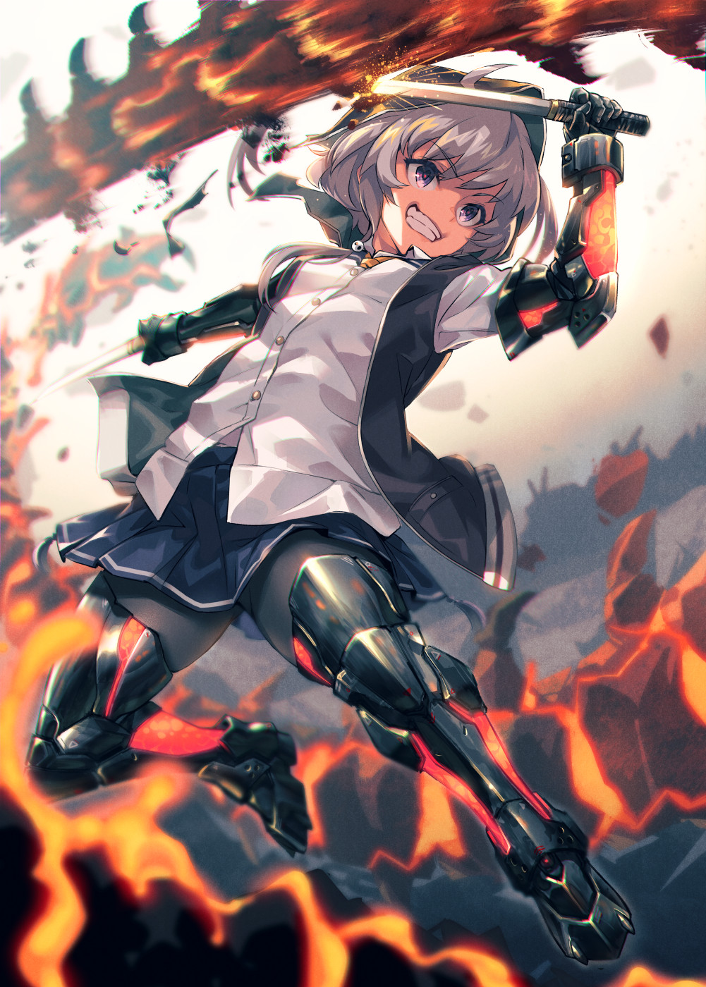 1girl black_thighhighs blue_skirt breasts brown_hair crazy_grin dual_wielding full_body grin highres holding holding_knife holding_weapon hood hood_up hooded_jacket jacket knife mikel_(4hands) pleated_skirt purple_eyes renpu_girls_school_uniform school_uniform shichinosato_kofuki shirt skirt sleeveless sleeveless_jacket small_breasts smile solo thighhighs toji_no_miko v-shaped_eyebrows weapon white_shirt