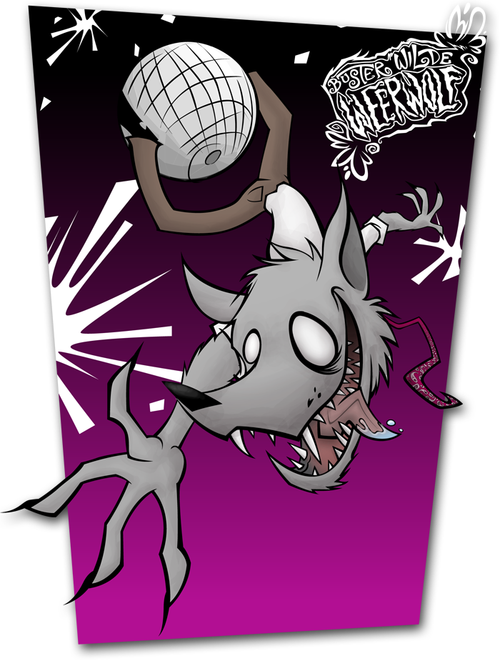 anthro bottomwear brown_bottomwear brown_clothing brown_pants buster_wilde canid canine clothing disco_ball fur gradient_background grey_body grey_fur logo male mammal necktie no_pupils pants rolled_up_sleeves rubberskunktoo simple_background solo tongue tongue_out topwear were werecanid werecanine werewolf