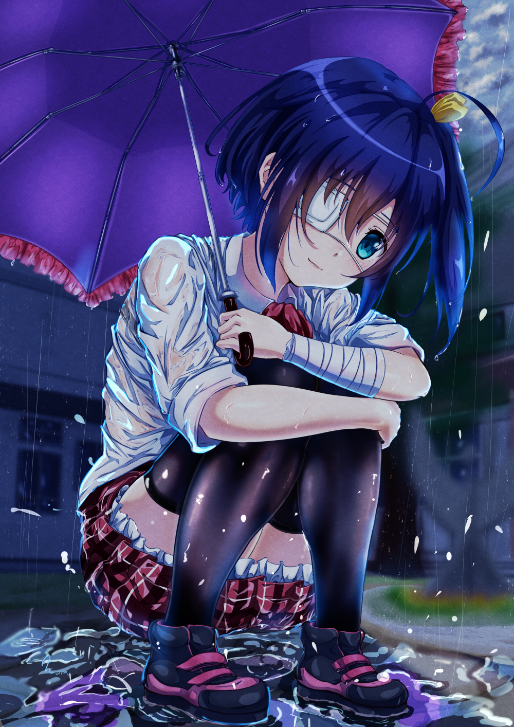 1girl ahoge aqua_eyes bandaged_arm bandages black_footwear black_thighhighs blue_hair blurry blurry_background blush chuunibyou_demo_koi_ga_shitai! closed_mouth cloud cloudy_sky commentary_request dress_shirt english_commentary eyelashes eyepatch frilled_skirt frilled_umbrella frills full_body hair_between_eyes hair_ribbon head_tilt highres holding holding_umbrella hugging_own_legs knees_together_feet_apart leaning_forward lips long_sleeves looking_at_viewer medium_hair miniskirt mixed-language_commentary noir_(nowaru) one_eye_covered one_side_up outdoors plaid plaid_skirt puddle rain red_skirt ribbon school_uniform see-through see-through_shirt shirt shoes skirt sky sleeves_rolled_up smile sneakers solo squatting takanashi_rikka thighhighs thighs umbrella wet wet_clothes wet_shirt white_shirt yellow_ribbon zettai_ryouiki