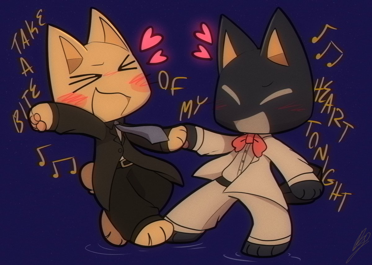 anthro blush bow_tie dancing domestic_cat duo eyes_closed felid feline felis kuro_(doko_demo_issho) male mammal musical_note necktie open_mouth paws sony_corporation sony_interactive_entertainment suits text toro_inoue wolfaroonii