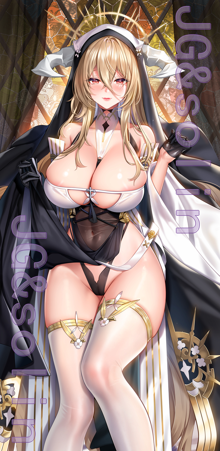 1girl artist_name azur_lane between_breasts black_gloves black_panties blonde_hair breasts closed_mouth clothes_lift covered_navel detached_sleeves dress dress_lift gloves gold_trim hair_between_eyes half_gloves hands_up highleg highleg_panties highres horns implacable_(azur_lane) jg&amp;solin large_breasts lifted_by_self looking_at_viewer mole mole_under_eye panties pelvic_curtain red_eyes solo thighhighs underwear veil watermark white_horns white_thighhighs wide_sleeves