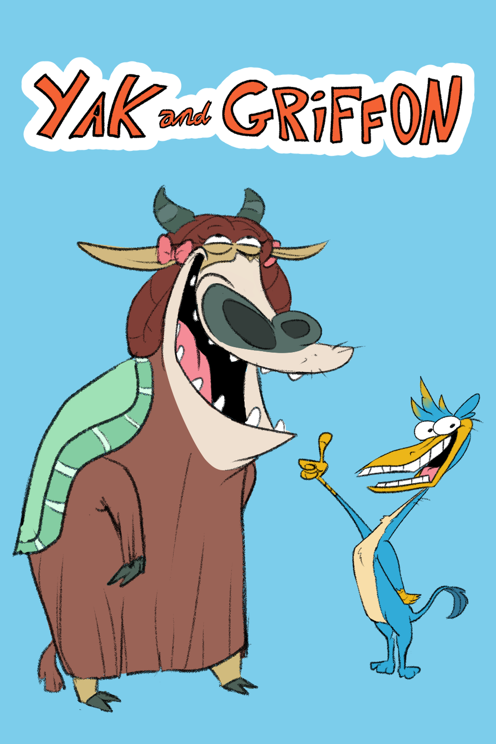 blue_background bovid bovine cartoon_network cow_and_chicken friendship_is_magic gallus_(mlp) gesture hasbro hi_res mammal my_little_pony open_mouth open_smile rocket-lawnchair simple_background smile thumbs_up yak yona_yak_(mlp)