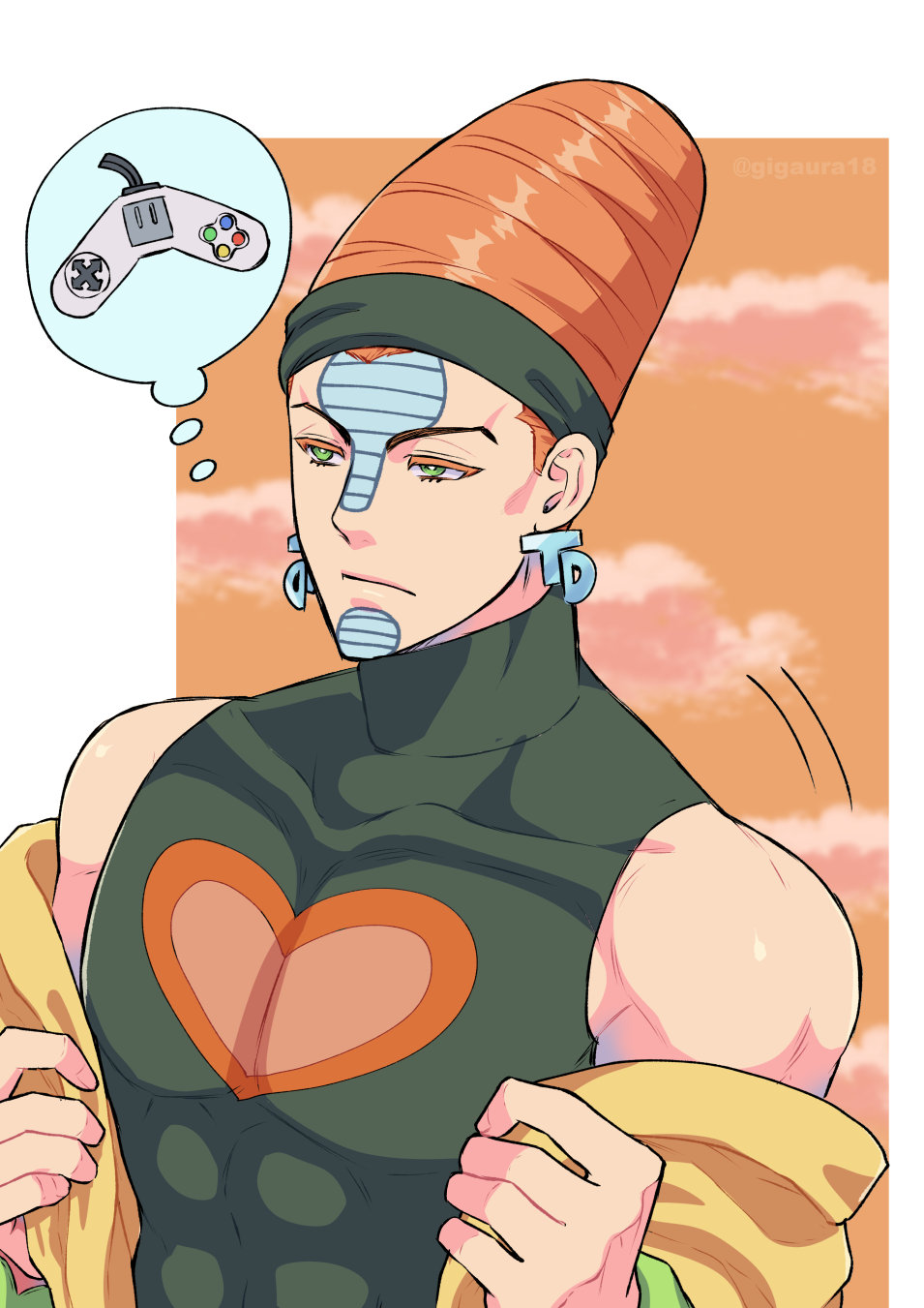 1boy abs beehive_hairdo black_headband collarbone commentary_request controller earrings facial_mark facial_tattoo forehead_mark game_controller giga_omega green_eyes headband highres jacket jewelry jojo_no_kimyou_na_bouken male_focus orange_hair sleeveless sleeveless_turtleneck solo stardust_crusaders tattoo terence_t._d'arby thought_bubble toned toned_male turtleneck upper_body yellow_jacket