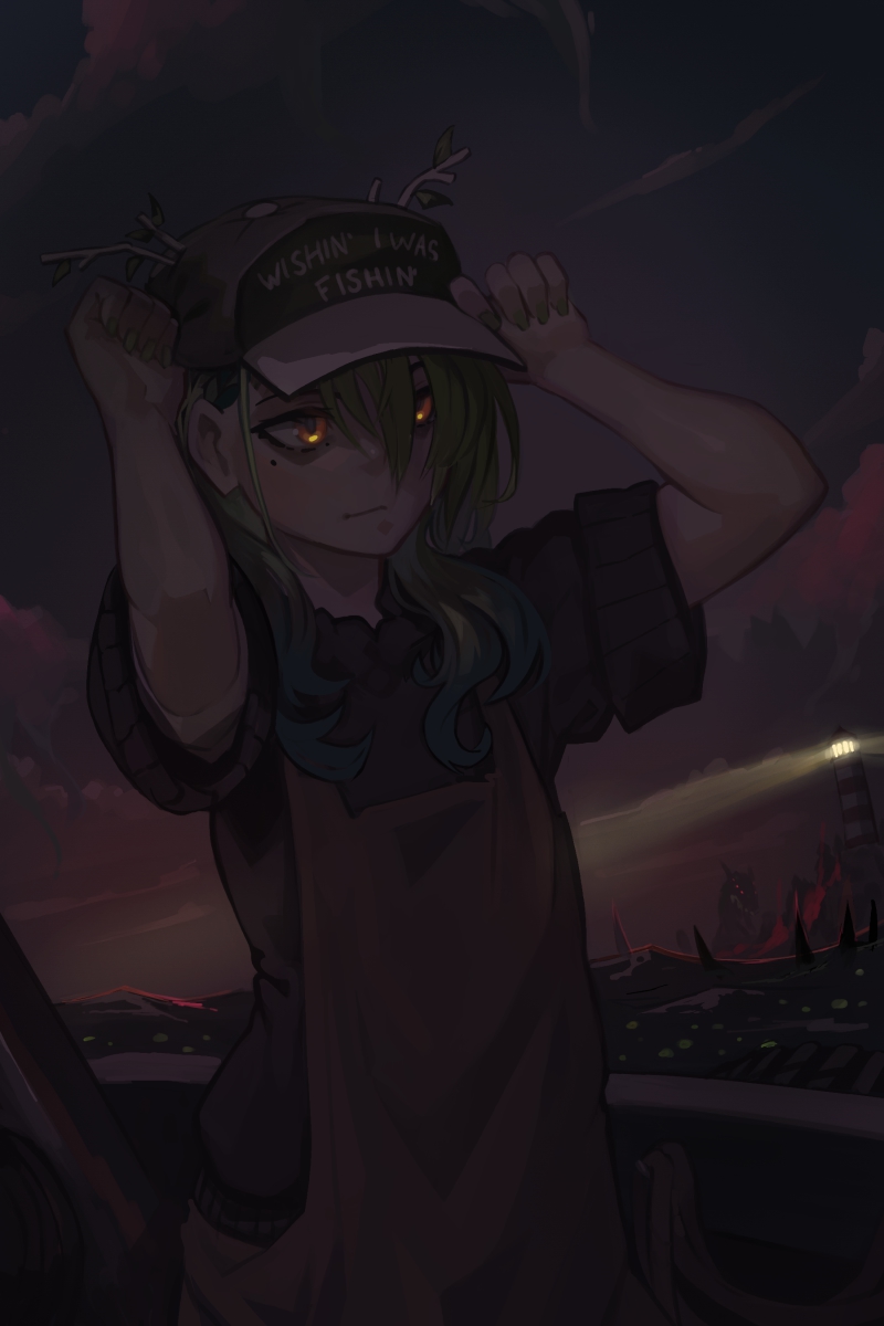 1girl baseball_cap ceres_fauna cloud commentary dredge_(video_game) english_commentary green_hair green_nails hat highres hololive hololive_english lighthouse mole mole_under_eye monster night ocean outdoors paintrfiend sky solo virtual_youtuber water yellow_eyes
