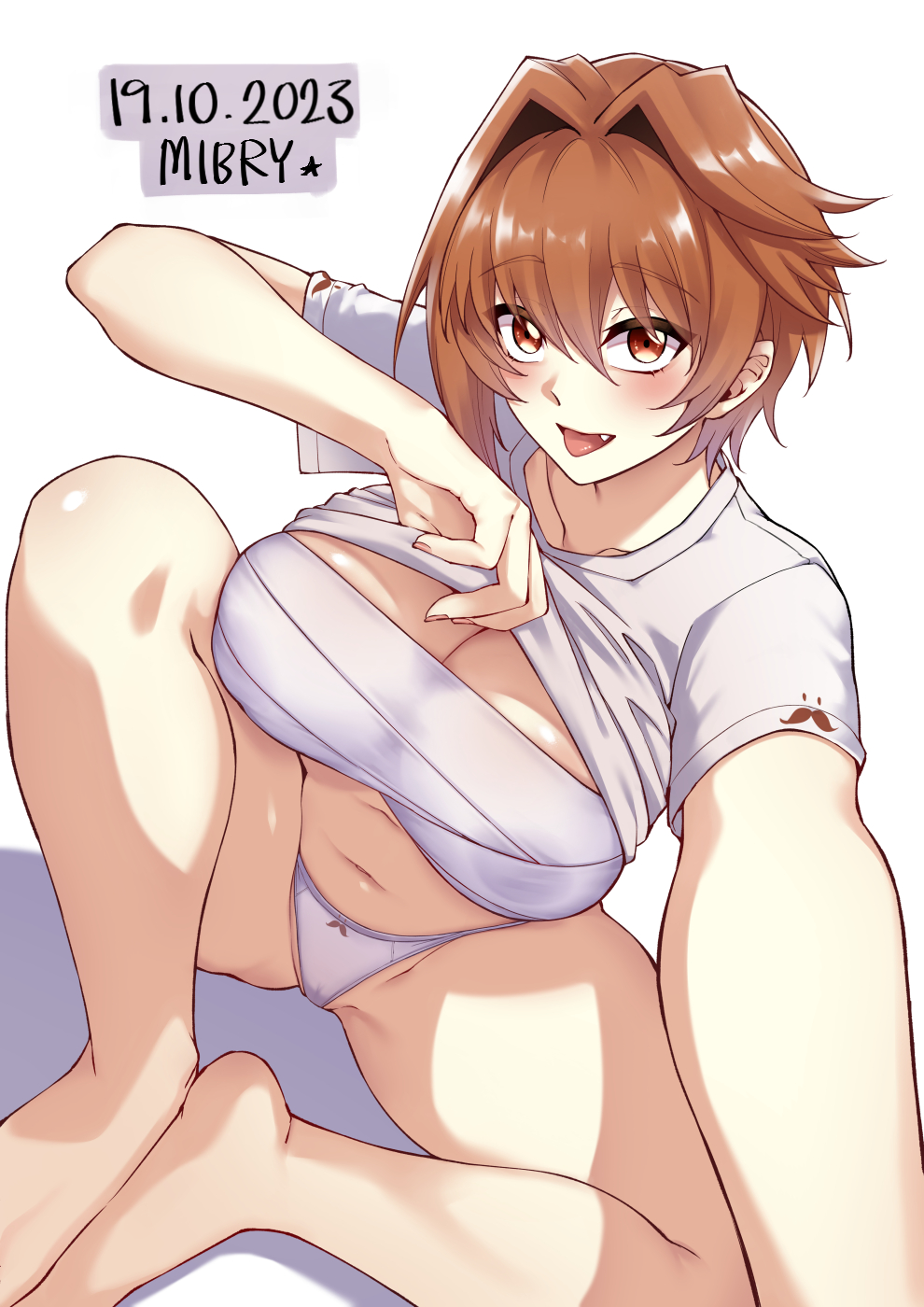 1girl breasts brown_hair clothes_lift dated fang highres large_breasts looking_at_viewer mibry_(phrysm) navel original panties selfie shirt shirt_lift short_sleeves simple_background solo spread_legs tongue tongue_out underwear white_background white_panties white_shirt