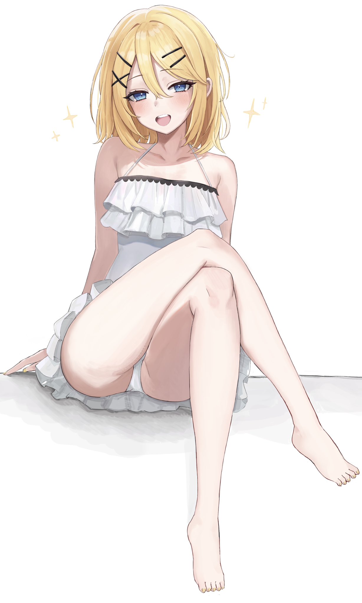 1girl adolescence_(vocaloid) adolescent_princess_(module) bare_arms bare_legs bare_shoulders barefoot blonde_hair blue_eyes blush camisole collarbone crossed_legs dress elpuchi frilled_camisole frilled_dress frills hair_ornament hairclip half-closed_eyes head_tilt highres kagamine_rin legs looking_at_viewer medium_hair open_mouth panties project_diva project_diva_(series) sitting smile solo spaghetti_strap sparkle toenails toes underwear vocaloid white_camisole white_dress white_panties
