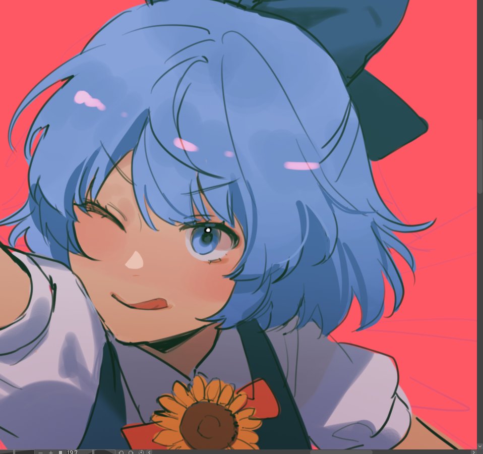 1girl :q blue_bow blue_dress blue_eyes blue_hair bow cirno collared_shirt dress flower hair_bow medium_hair noriuma one_eye_closed pinafore_dress portrait puffy_short_sleeves puffy_sleeves red_background shirt short_sleeves simple_background sleeveless sleeveless_dress solo sunflower tanned_cirno tongue tongue_out touhou white_shirt