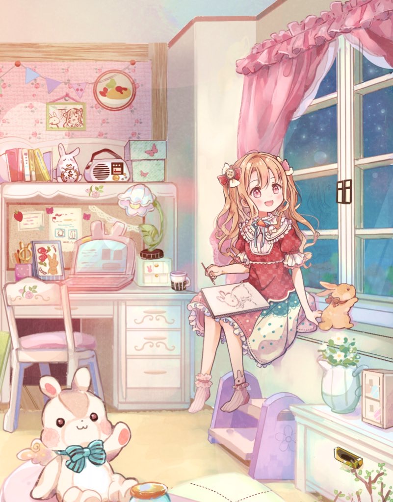 1girl :d analog_clock aqua_bow aqua_bowtie blue_ribbon blush book bow bowtie box bulletin_board carpet chair clock commentary_request computer cup curtains desk desk_lamp detached_collar drawer dress flower frilled_dress frilled_sleeves frilled_socks frills hacosumi hair_between_eyes hair_bow holding holding_pencil indoors jar lamp laptop long_hair mug neck_ribbon night one_side_up open_mouth orange_hair original paper pencil picture_frame pink_socks plant puffy_short_sleeves puffy_sleeves purple_eyes rabbit radio red_bow red_dress ribbon shelf short_sleeves sidelocks sitting sketchbook smile socks solo string_of_flags stuffed_animal stuffed_toy table tareme vase white_bow white_flower window