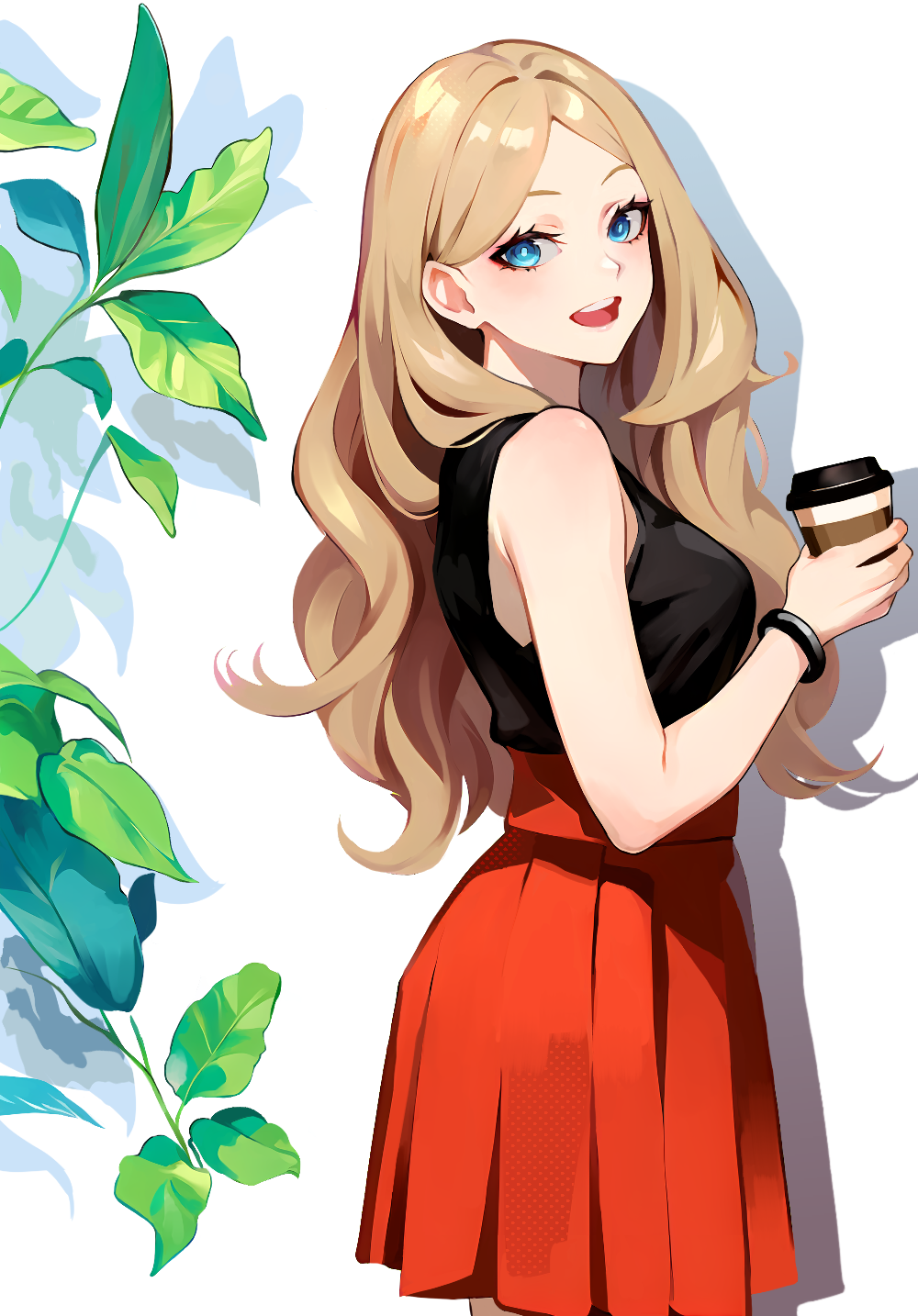 1girl :d black_tank_top blonde_hair blue_eyes bracelet breasts cup disposable_cup from_side highres holding holding_cup jewelry leaf long_hair looking_at_viewer looking_to_the_side medium_breasts no_headwear open_mouth pleated_skirt pokemon pokemon_(game) pokemon_xy red_skirt serena_(pokemon) shadow shirt_tucked_in skirt smile solo tank_top tor_(torkrub111) very_long_hair wavy_hair