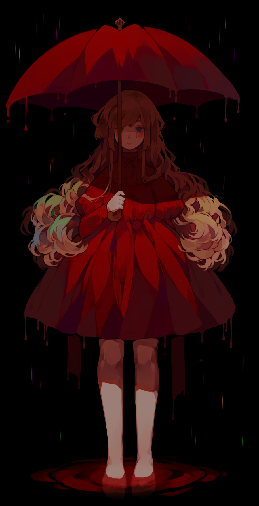 1girl arm_behind_back black_background blonde_hair blue_eyes blush blush_stickers collared_dress crying crying_with_eyes_open dark dress english_commentary full_body highres holding holding_umbrella juliet_sleeves littlebluemuffin long_hair long_sleeves original painttool_sai_(medium) photoshop_(medium) puffy_sleeves rain red_dress red_footwear reflection reflective_water ripples shoes short_dress standing standing_on_liquid straight-on streaming_tears tears umbrella wavy_hair