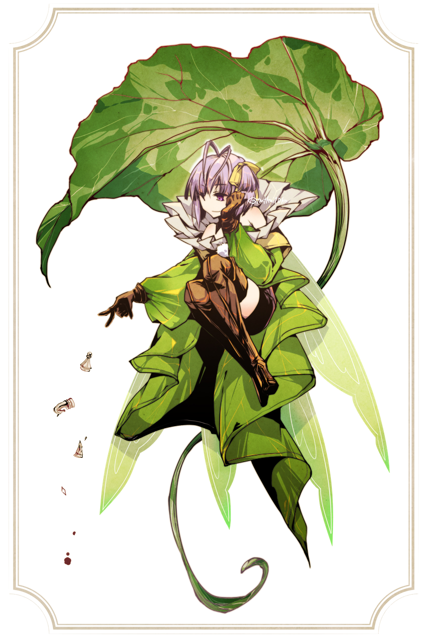 1girl antenna_hair bare_shoulders black_shorts boots breasts brown_footwear brown_gloves chess_piece coat detached_collar dress dropping fairy fairy_wings fate/grand_order fate_(series) framed gloves green_coat green_dress green_wings hair_ribbon hand_on_own_cheek hand_on_own_face highres knight_(chess) leaf long_sleeves mini_person minigirl murian_(fate) pawn_(chess) pom_pom_(clothes) purple_eyes purple_hair ribbon short_hair shorts simple_background small_breasts solo thigh_boots thighhighs tmtkai twitter_username white_background wings yellow_ribbon